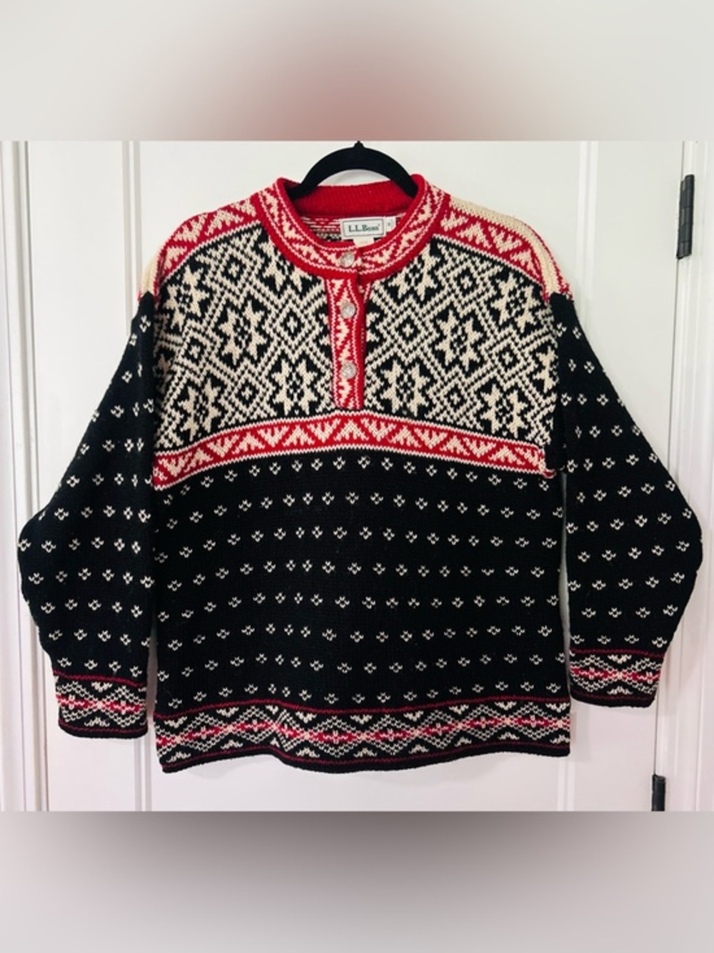 L.L.Bean Norwegian Fair Isle Wool Blend Henley Sweater USA Made Size M Scandi